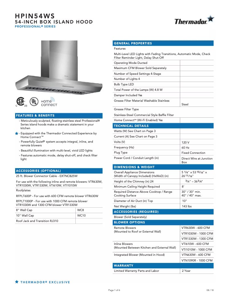 Page 1 de la notice Fiche technique Thermador HPIN54WS