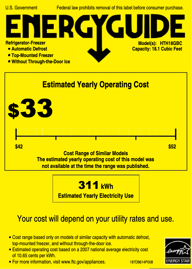 Page 1 de la notice Label énergétique Hotpoint HTH18GBCWW