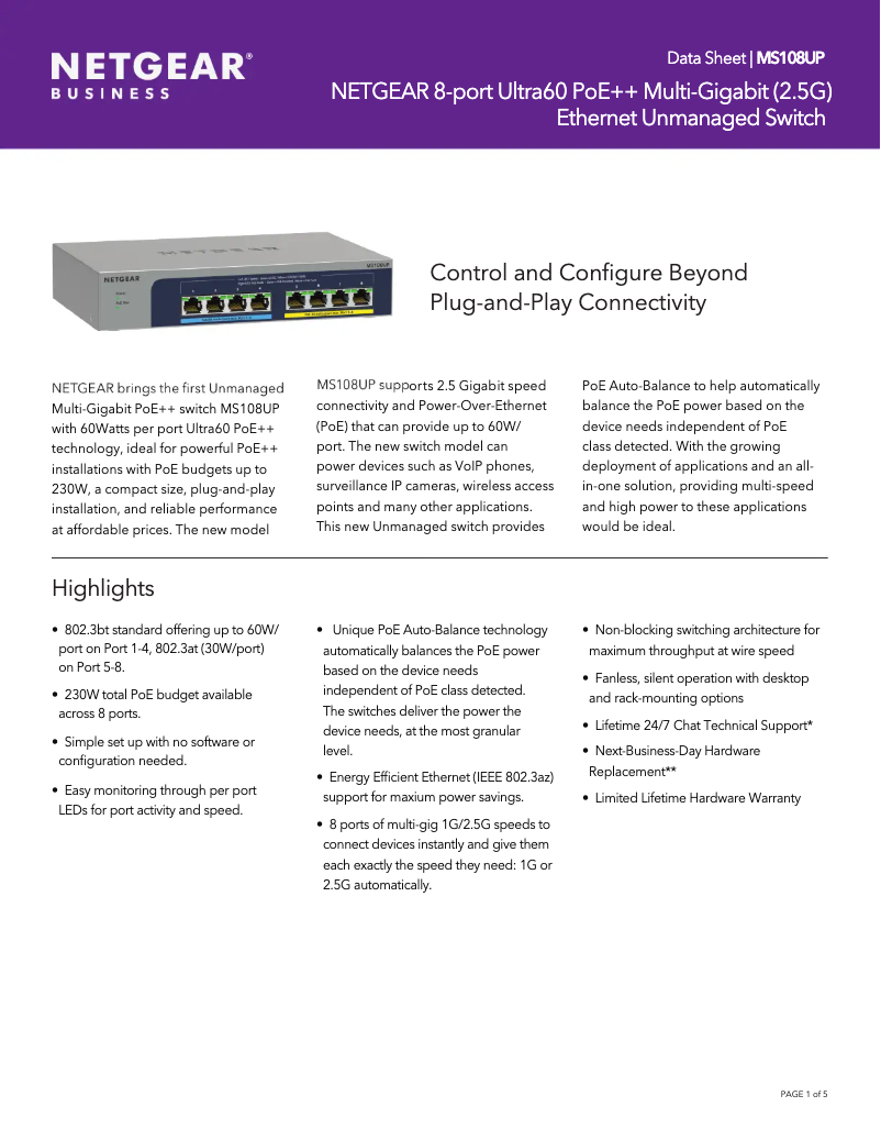 Page n°1 - Fiche technique Netgear MS108UP