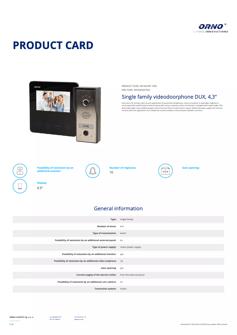 Page 1 de la notice Fiche technique Vibell OR-VID-MT-1050