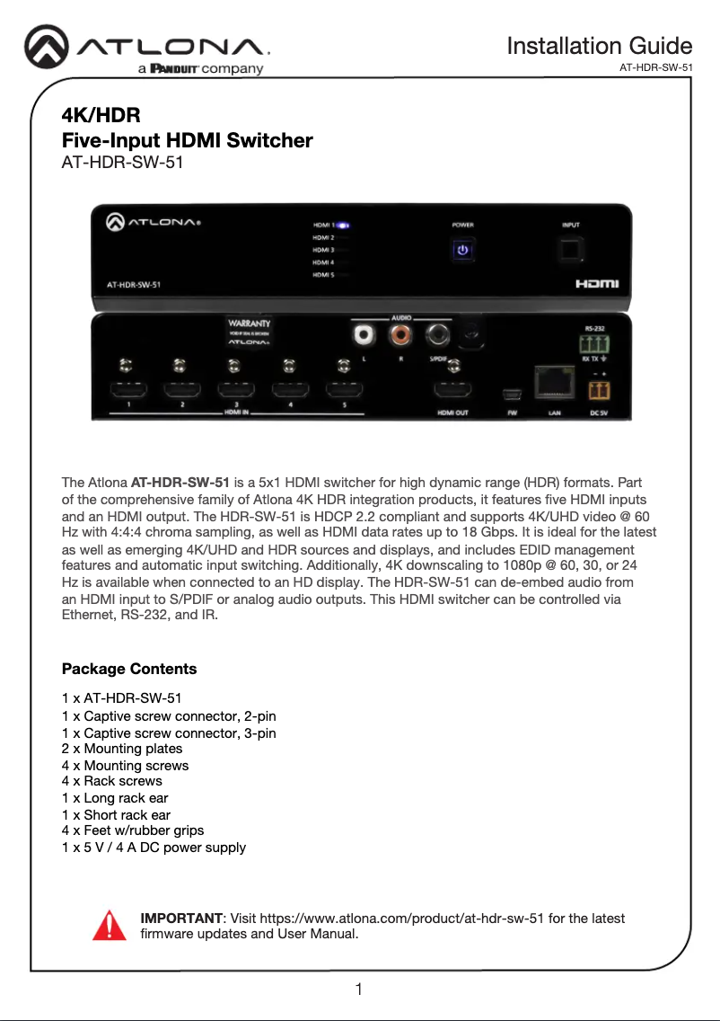 Page 1 de la notice Guide d'installation Atlona AT-HDR-SW-51