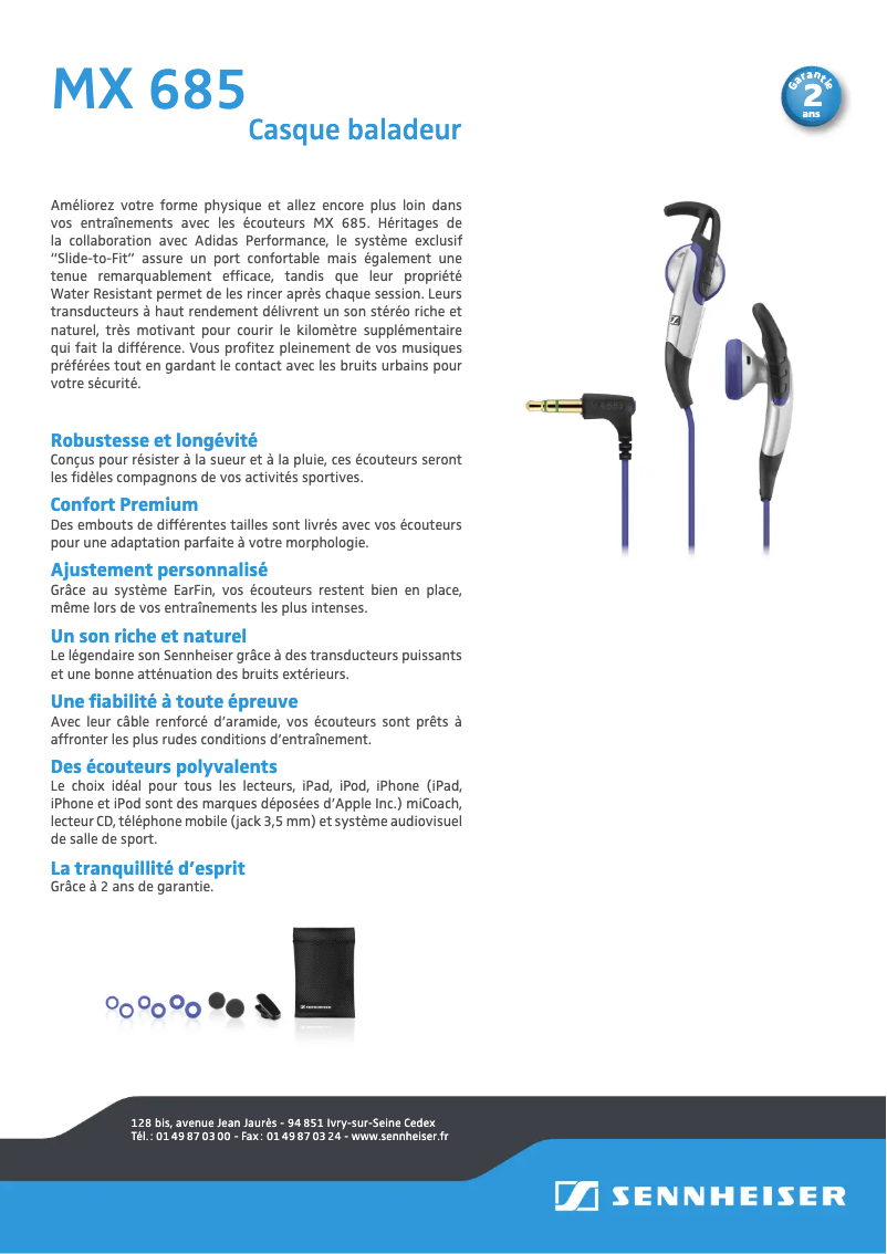 Page 1 de la notice Fiche technique Sennheiser MX 685 SPORTS