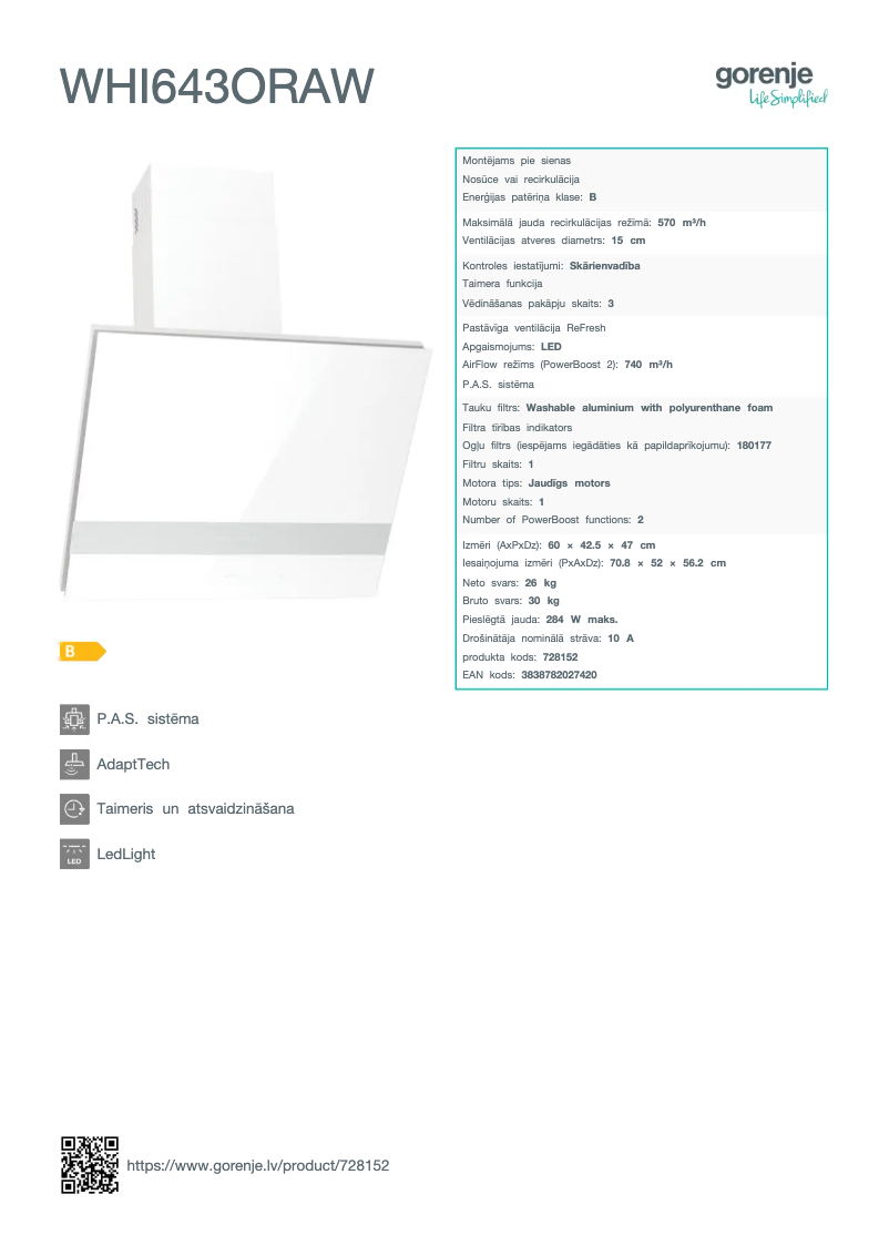 Page 1 de la notice Fiche technique Gorenje WHI643ORAW