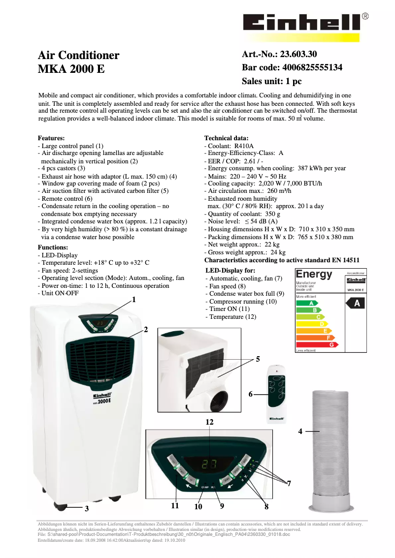 Page 1 de la notice Fiche technique Einhell MKA 2000 E