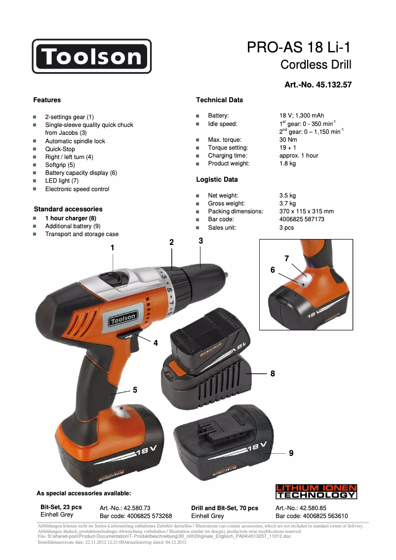 Page n°1 - Fiche technique Toolson PRO-AS 18 Li-1