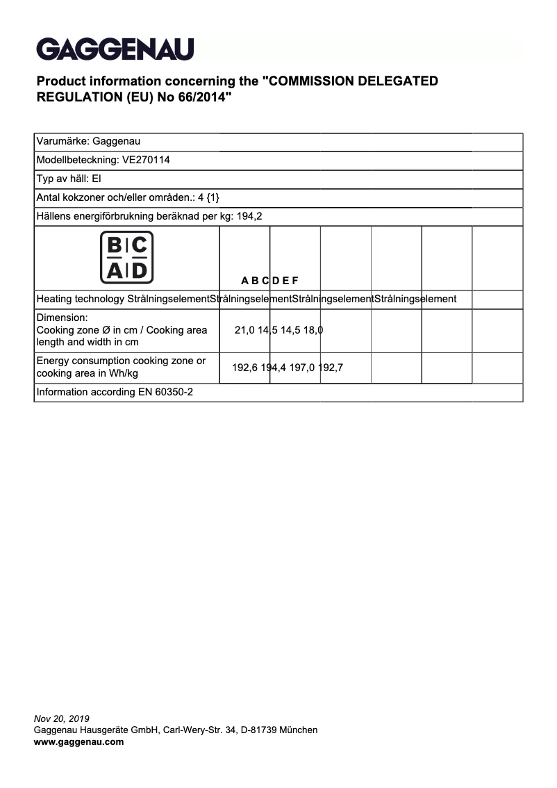 Page n°1 - Fiche technique Gaggenau VE270114