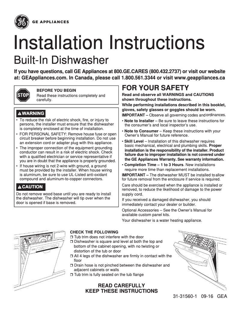 Page n°1 - Guide d'installation GE GDT695SGJBB