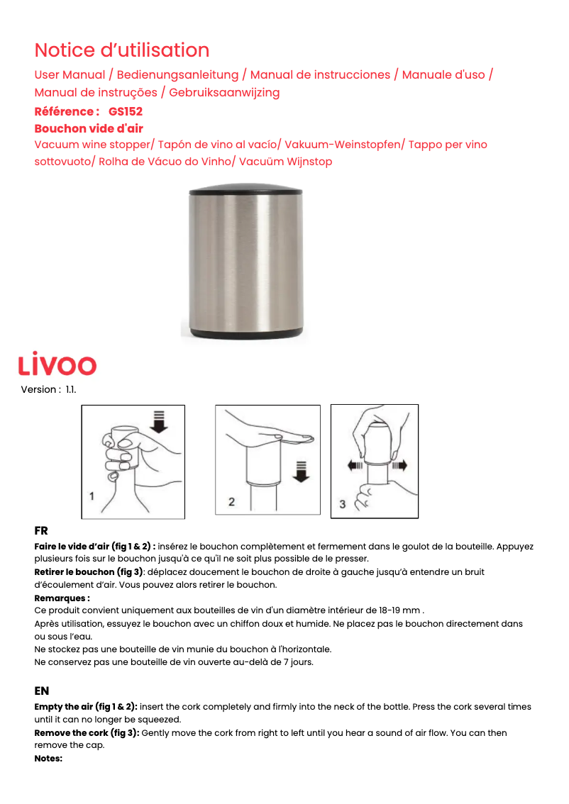 Page 1 de la notice Manuel utilisateur Livoo GS152
