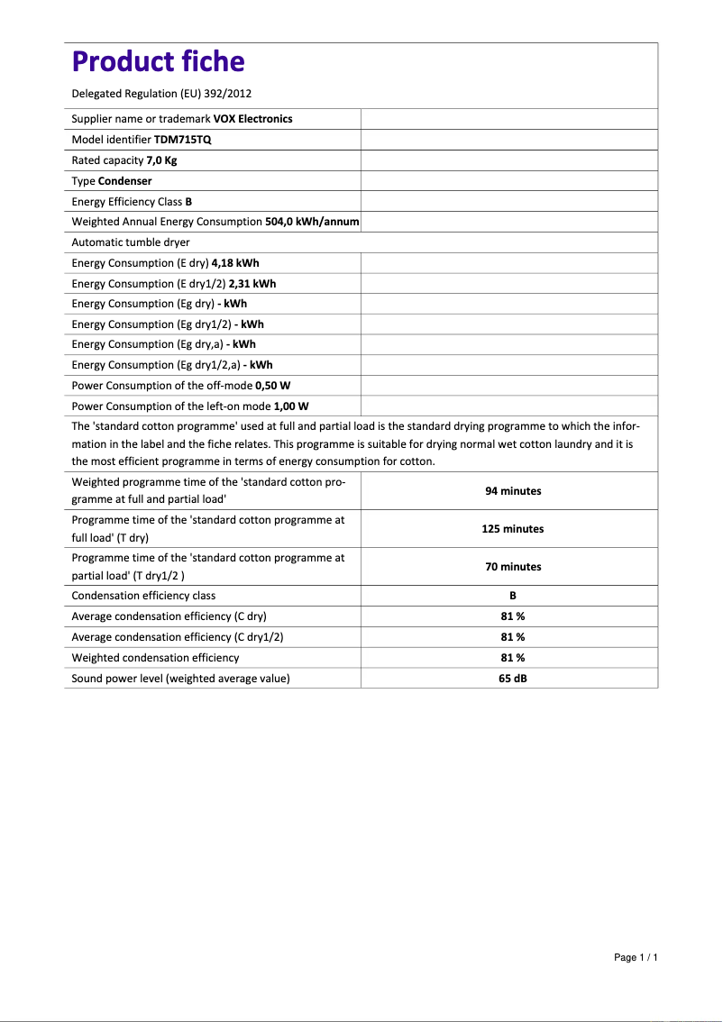 Page 1 de la notice Fiche technique VOX TDM-715TQ