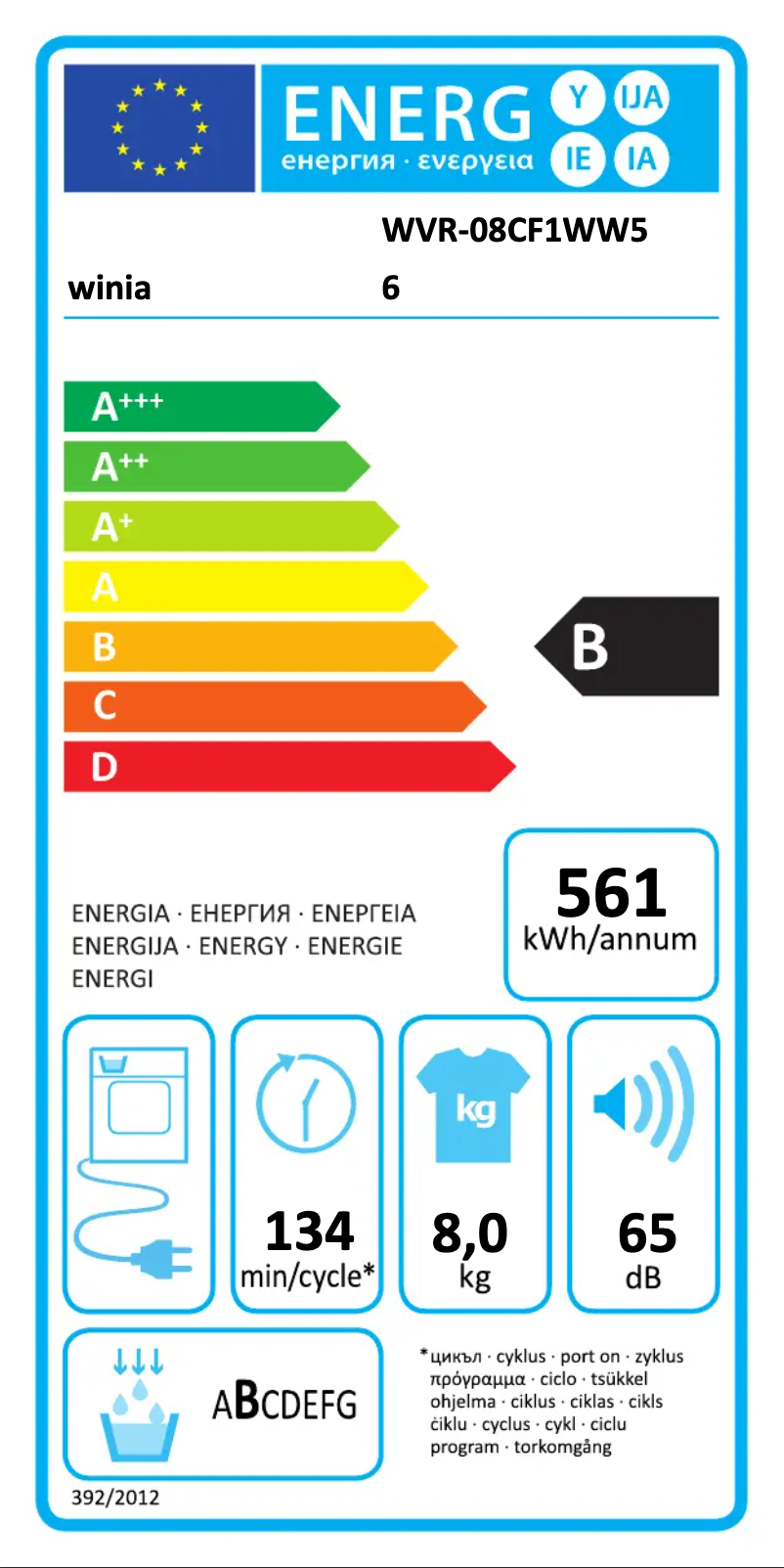 Page 1 de la notice Label énergétique Winia WVR-08CF1WW56