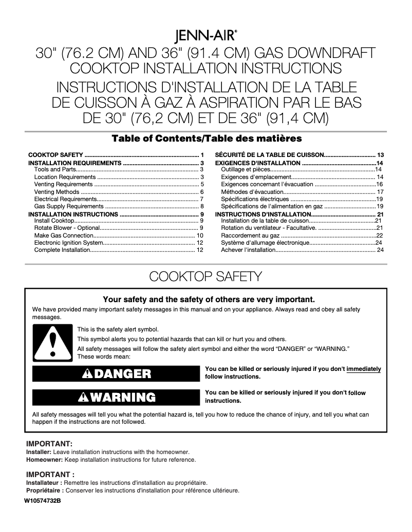 Page n°1 - Guide d'installation JennAir JGD3430BW