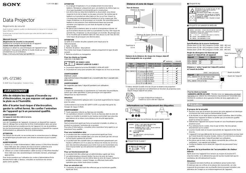 Image de la première page du manuel de l'appareil VPL-GTZ380