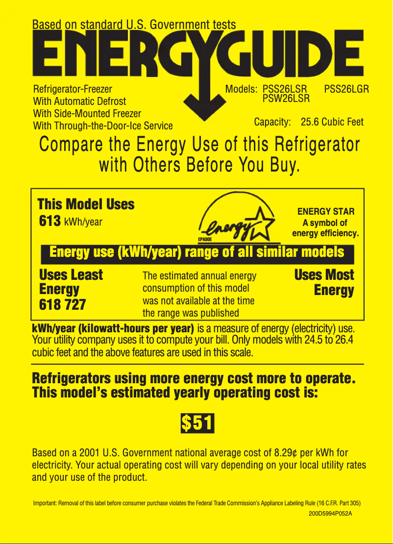 Page 1 de la notice Label énergétique GE Profile PSS26LGRBB