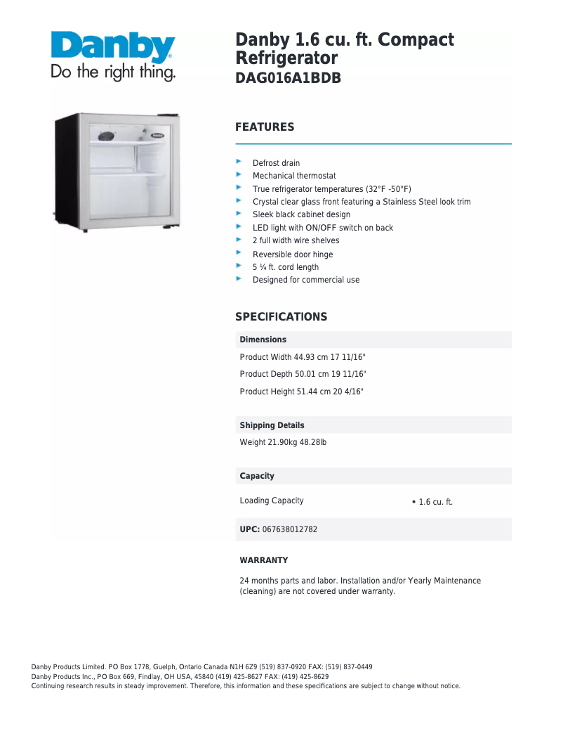 Page 1 de la notice Fiche technique Danby DAG016A1BDB