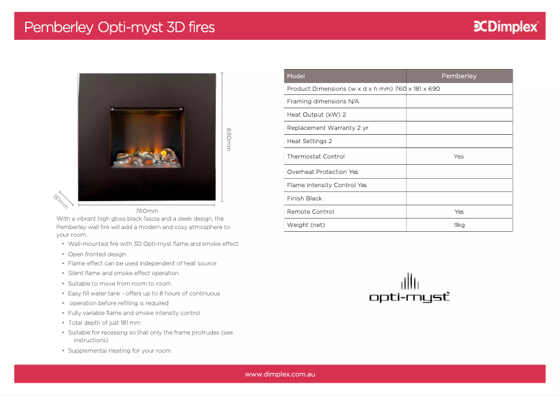 Page 1 de la notice Fiche technique Dimplex Opti-myst OMWFC20
