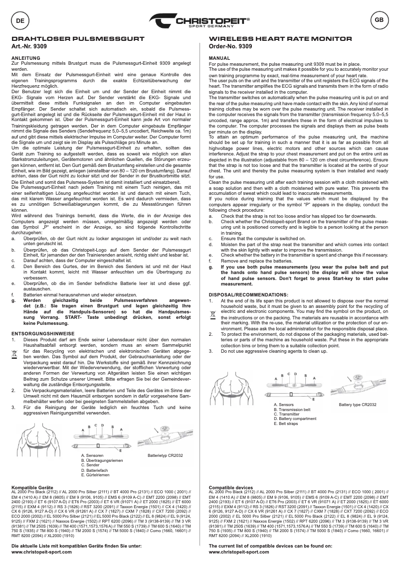 Page 1 de la notice Manuel utilisateur Christopeit 9309