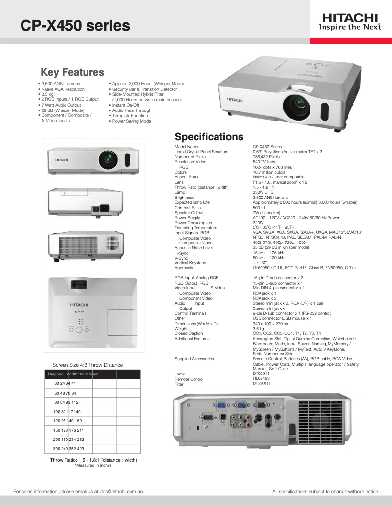 Page n°1 - Fiche technique Hitachi CP-X450