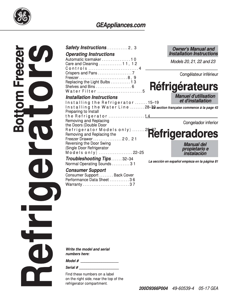 Page n°1 - Guide d'installation GE GBSC3HBXCC