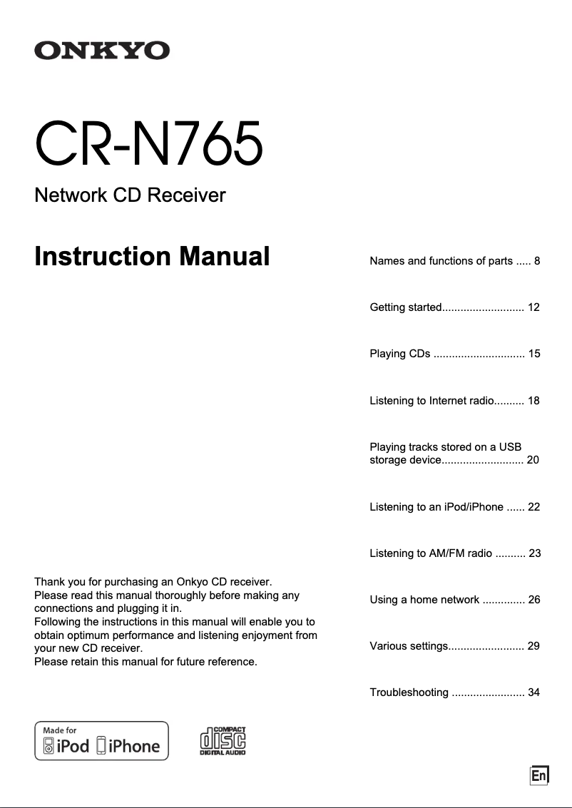 Page 1 de la notice Manuel utilisateur Onkyo CS-N765