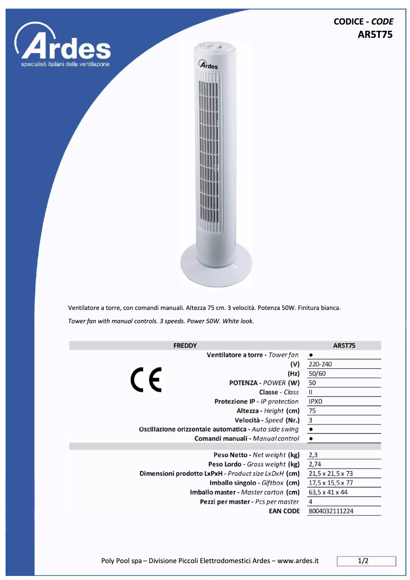 Página 1 del manual Ficha técnica Ardes AR5T75