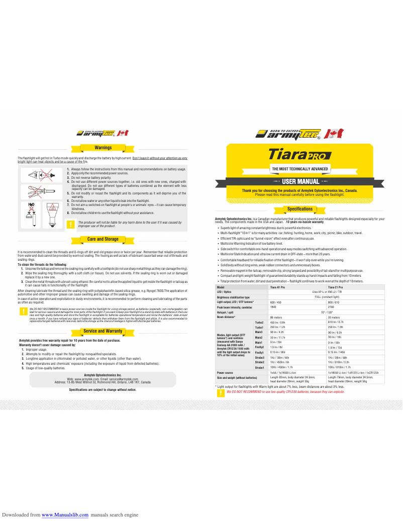 Page n°1 - Manuel utilisateur ArmyTek Tiara Pro