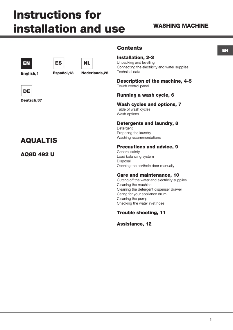 Page 1 de la notice Manuel utilisateur Hotpoint Aqualtis AQ8D 492 U