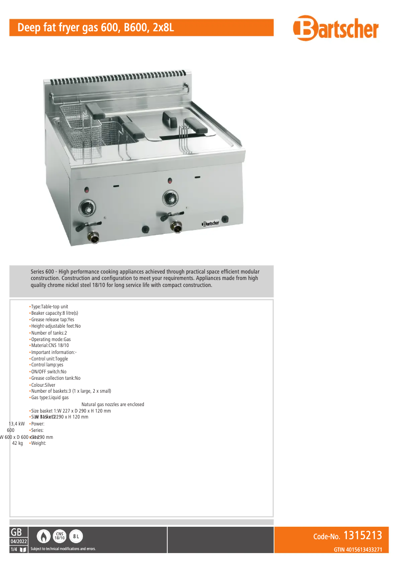 Page 1 de la notice Fiche technique Bartscher 132255