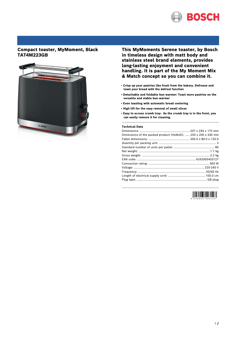 Page 1 de la notice Fiche technique Bosch TAT4M223