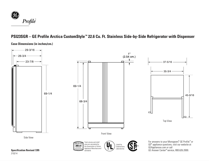 Page 1 de la notice Fiche technique GE Profile Arctica CustomStyle PSI23SGRSV