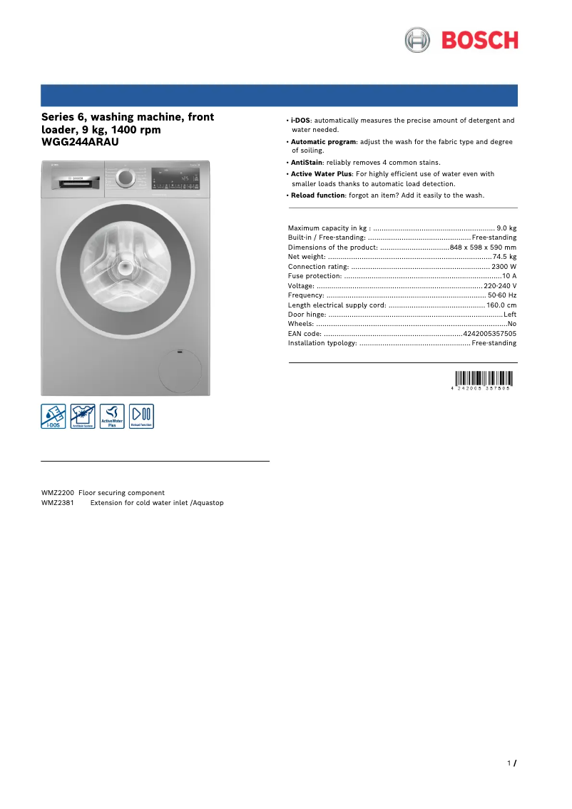 Page n°1 - Fiche technique Bosch WGG244ARAU