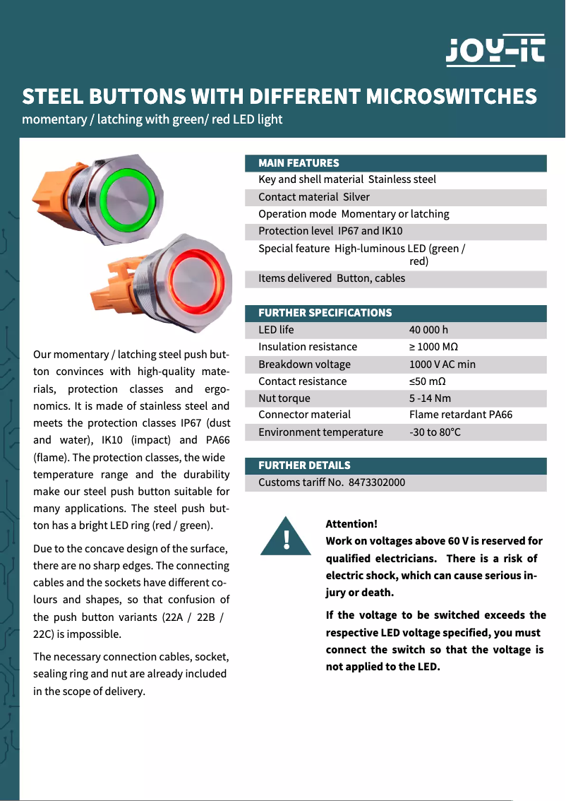 Page 1 de la notice Fiche technique Joy-It BUTTON22
