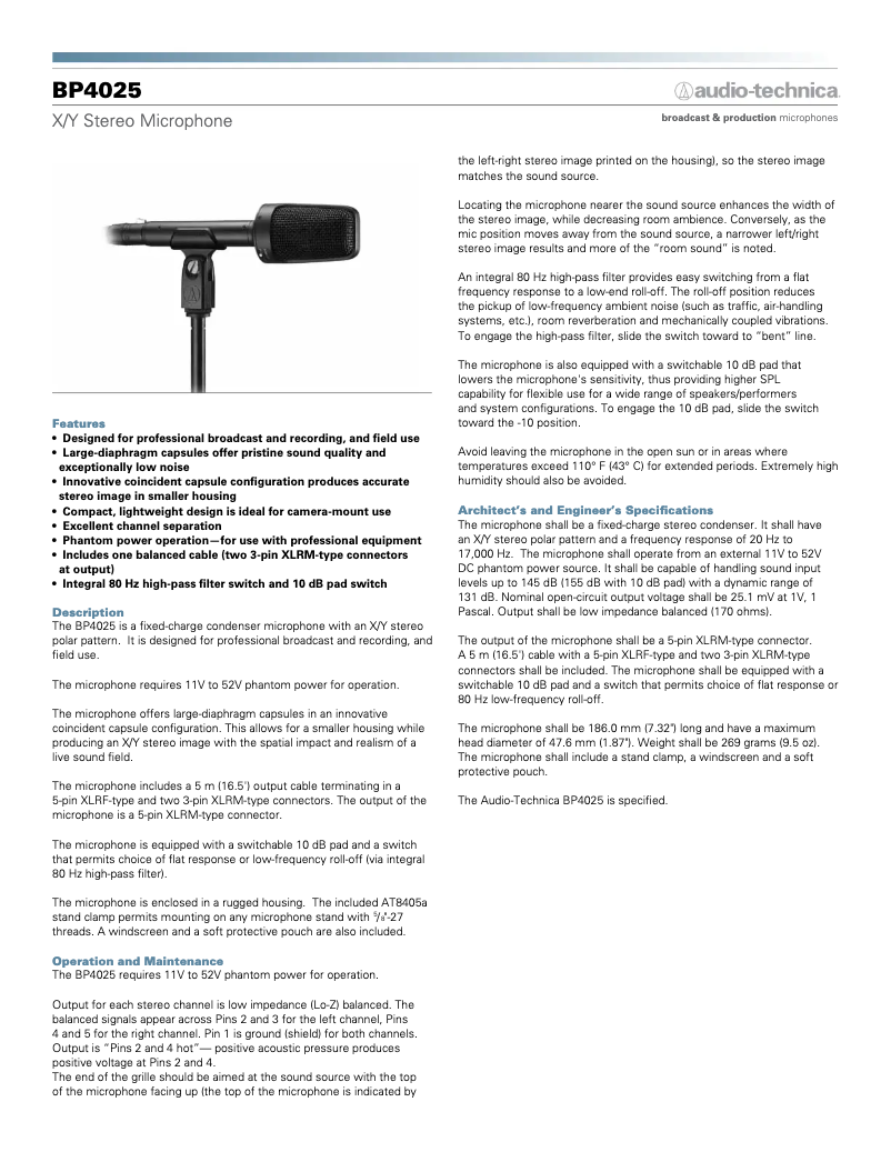 Page n°1 - Fiche technique Audio-Technica BP4025