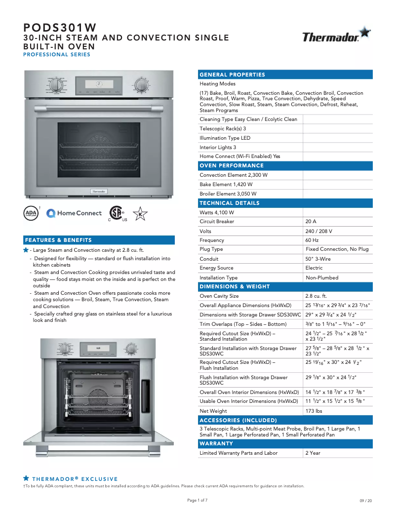 Page 1 de la notice Fiche technique Thermador PODS301W