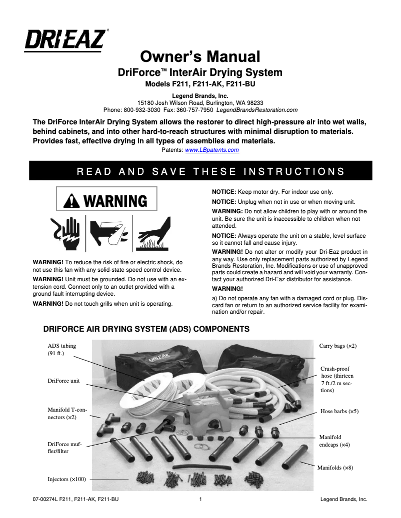 Page 1 de la notice Manuel utilisateur Dri Eaz DriForce