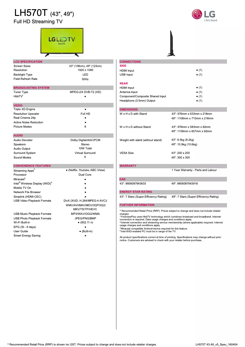 Page n°1 - Fiche technique LG 49LH570T