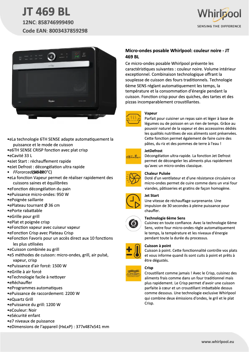 Page 1 de la notice Fiche technique Whirlpool JT 469 BL