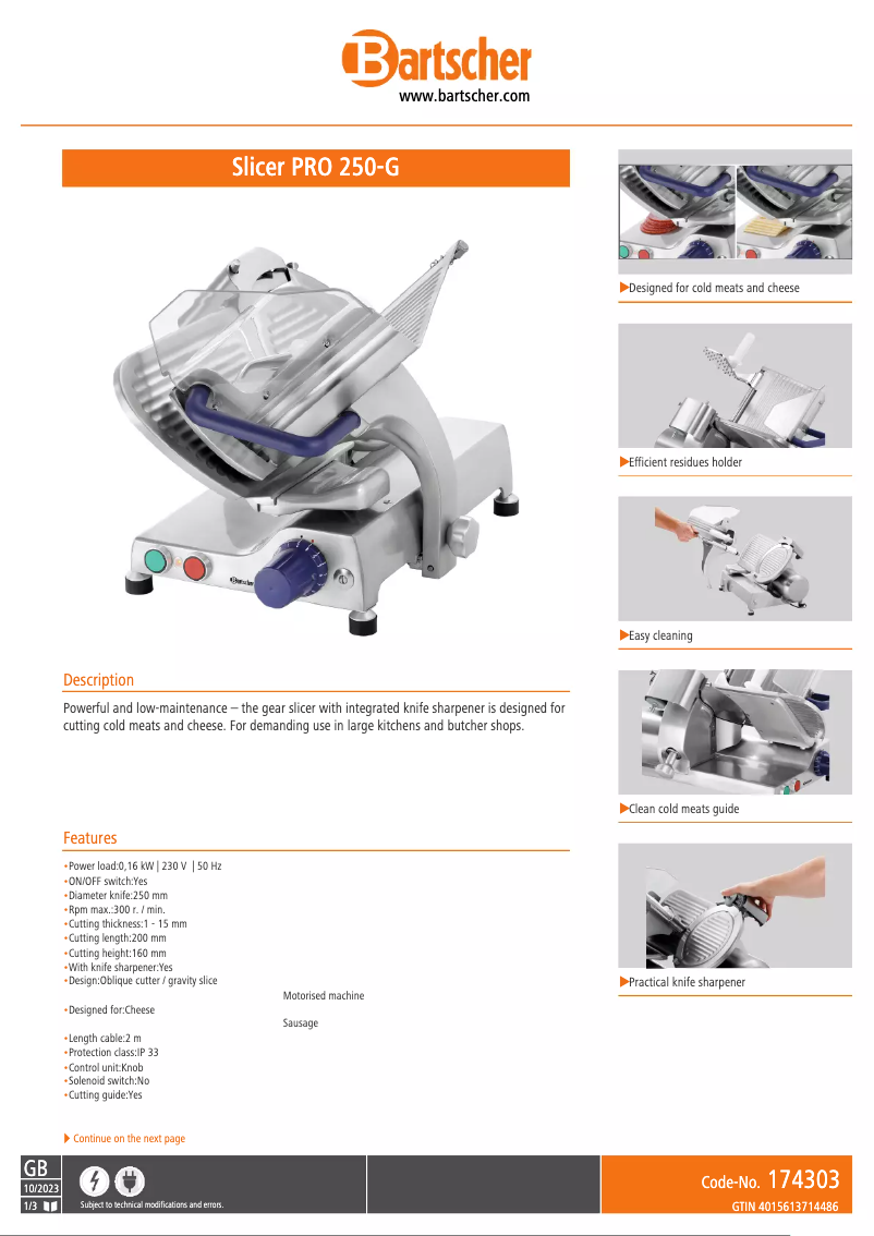 Page n°1 - Fiche technique Bartscher 174303