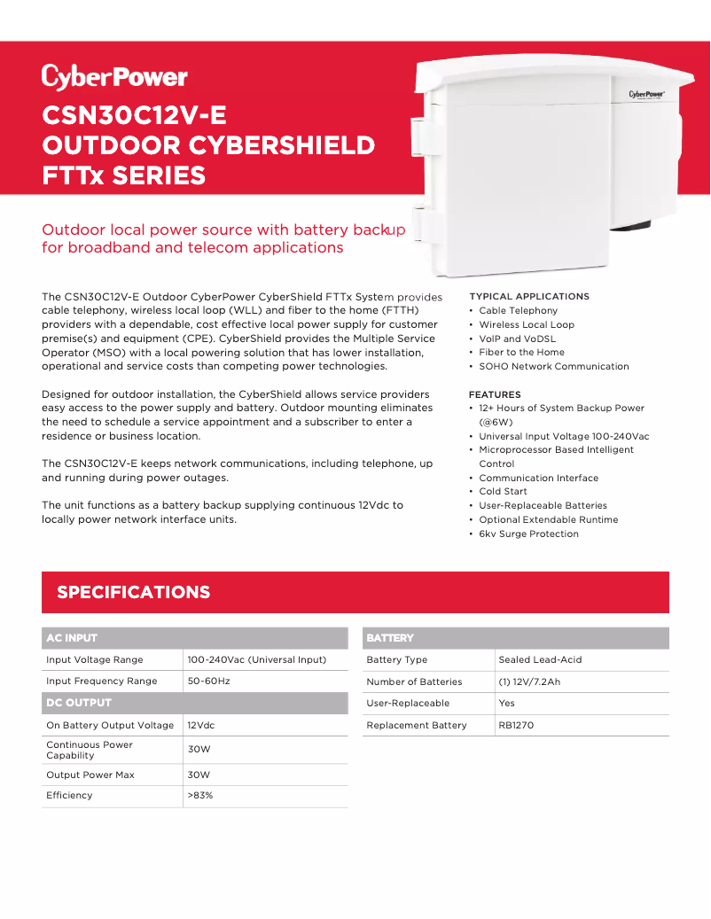 Page 1 de la notice Fiche technique CyberPower CSN30C12V-E