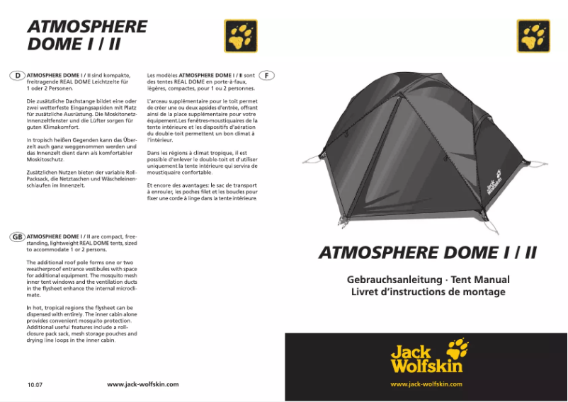 Page 1 de la notice Manuel utilisateur Jack Wolfskin Atmosphere Dome II