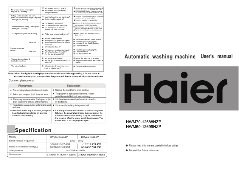 Image de la première page du manuel de l'appareil HWM-60-12699