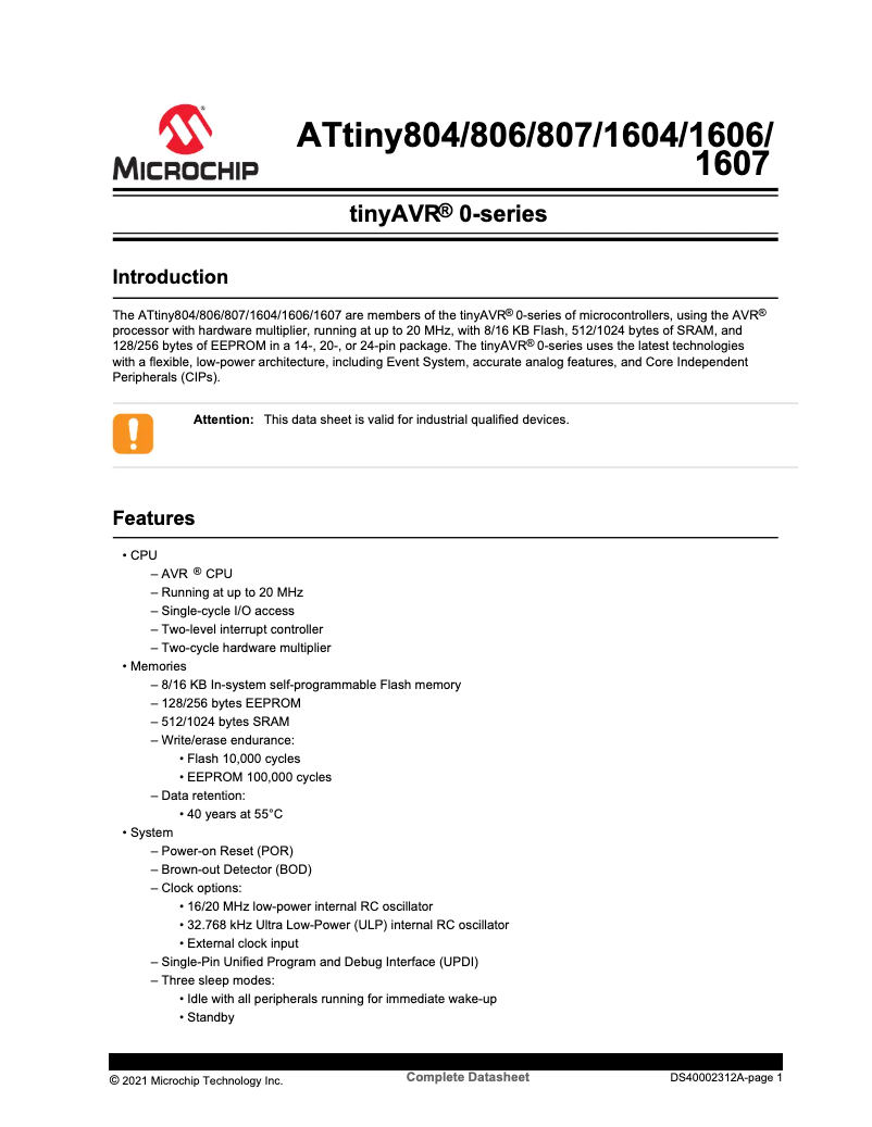 Página 1 del manual Ficha técnica Microchip ATTINY1604