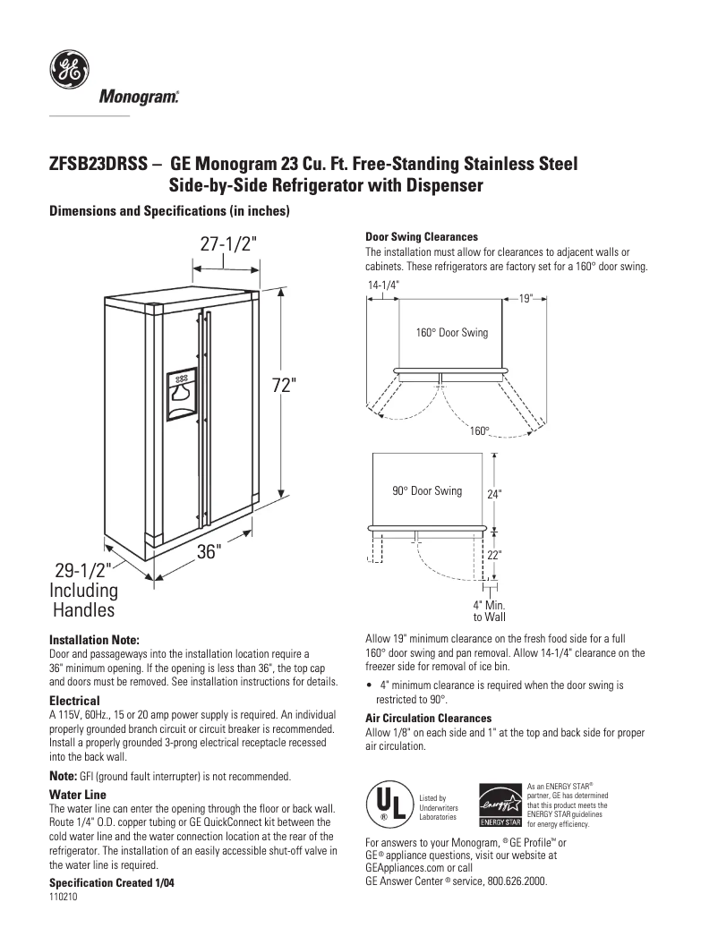 Page 1 de la notice Fiche technique GE ZFSB23DRSS