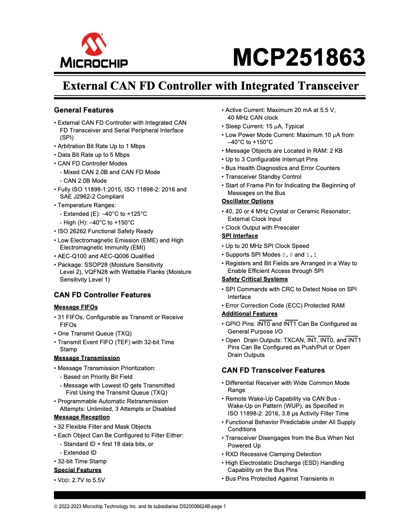 Page 1 de la notice Fiche technique Microchip MCP251863