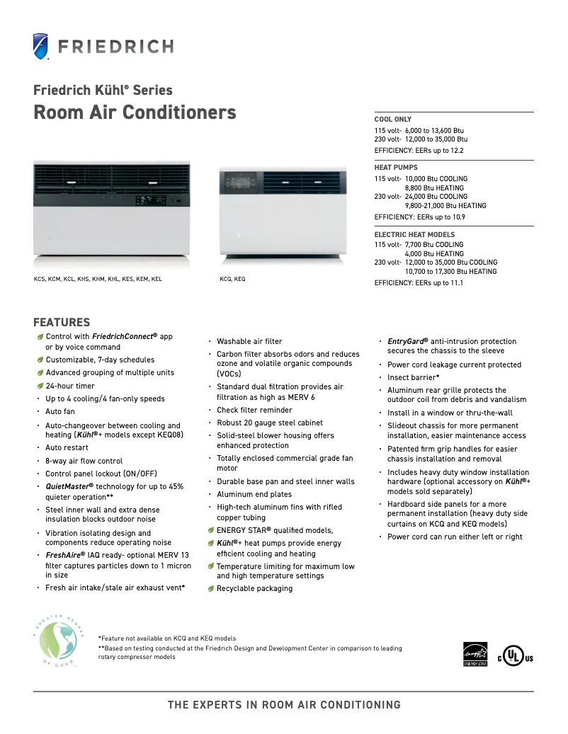 Page 1 de la notice Fiche technique Friedrich KCS16A30A