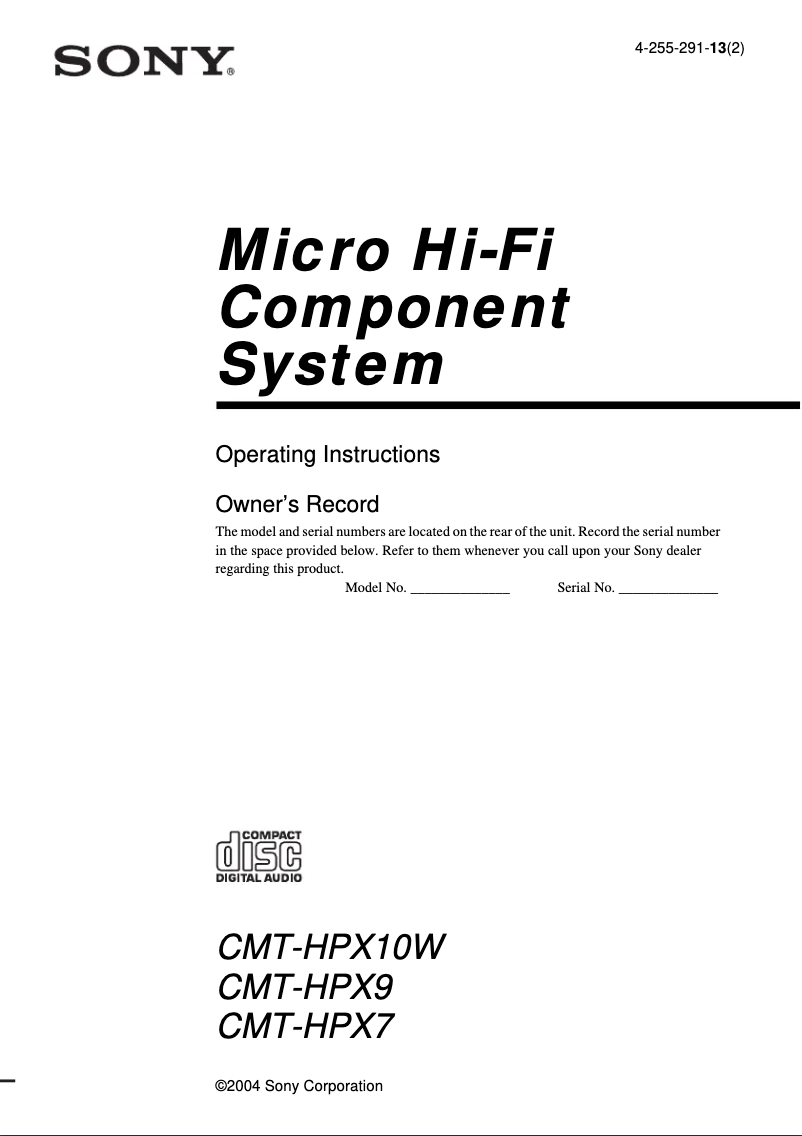 Page 1 de la notice Manuel utilisateur Sony CMT-HPX7