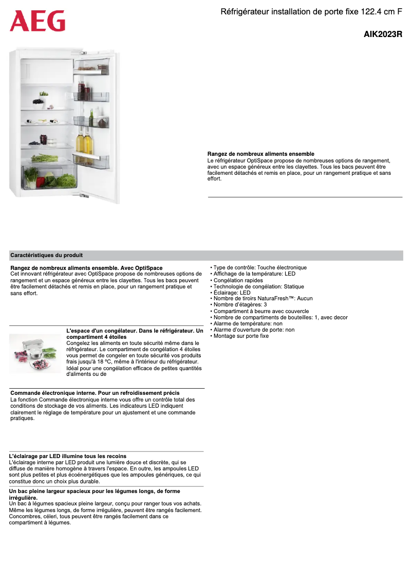 Page 1 de la notice Fiche technique AEG AIK2023R