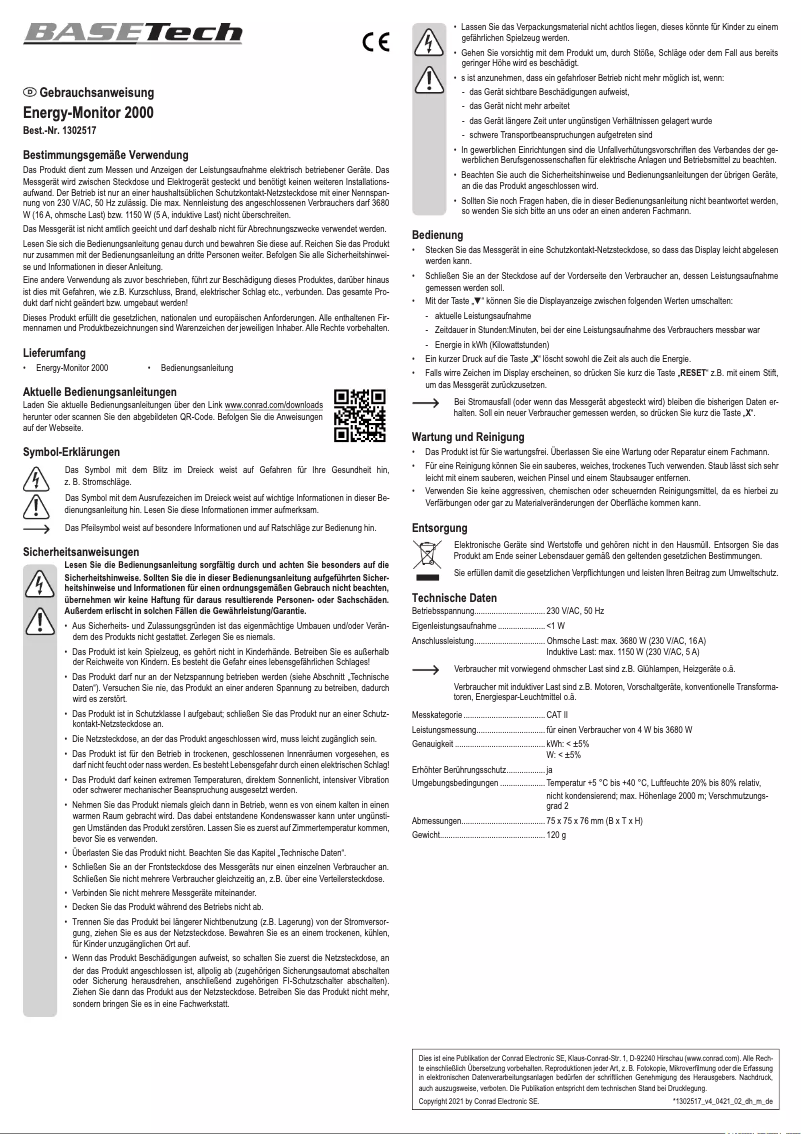 Page n°1 - Manuel utilisateur BaseTech Energy-Monitor 2000