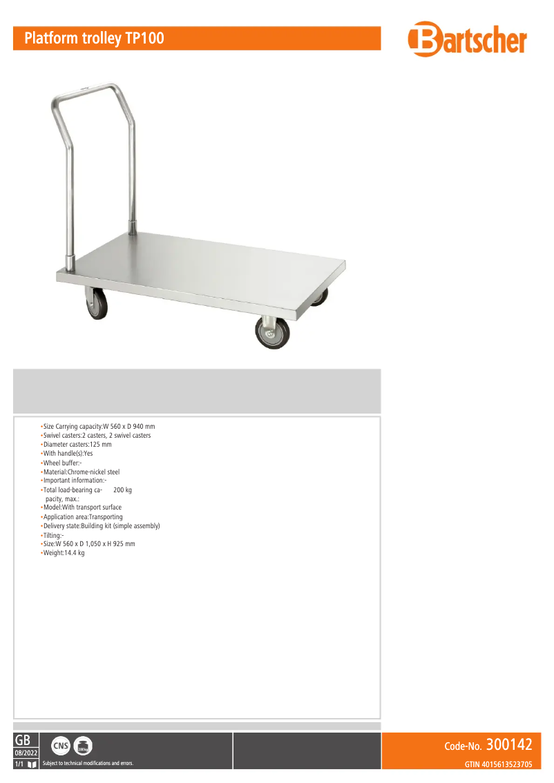 Page 1 de la notice Fiche technique Bartscher TP100