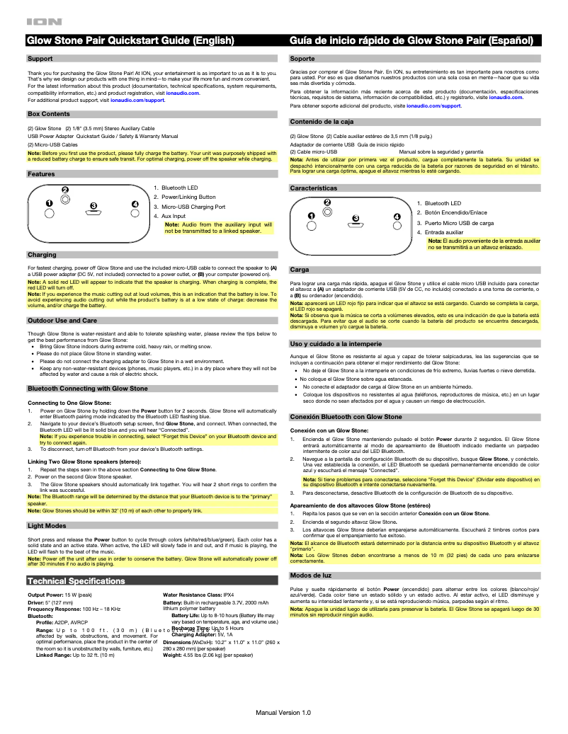 Page 1 de la notice Manuel utilisateur ION Glow Stone
