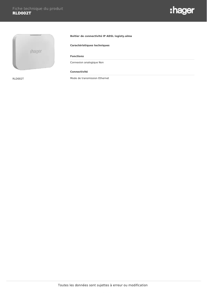 Page 1 de la notice Fiche technique Hager RLD002T